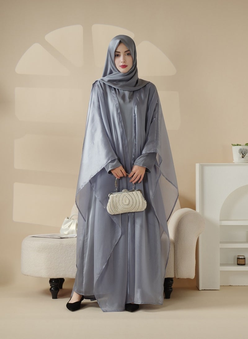 عباية ساتان فاخرة باللون الأزرق مع شيلة متناسقة  - Image 1