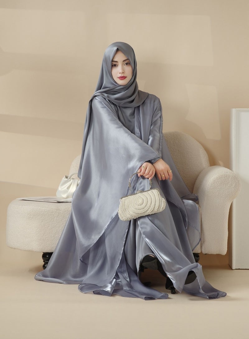 عباية ساتان فاخرة باللون الأزرق مع شيلة متناسقة  - Image 2