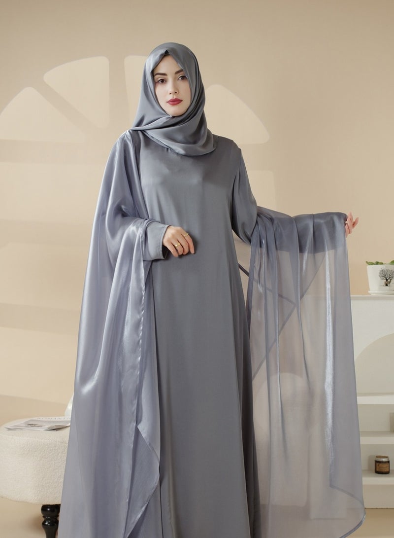 عباية ساتان فاخرة باللون الأزرق مع شيلة متناسقة  - Image 5