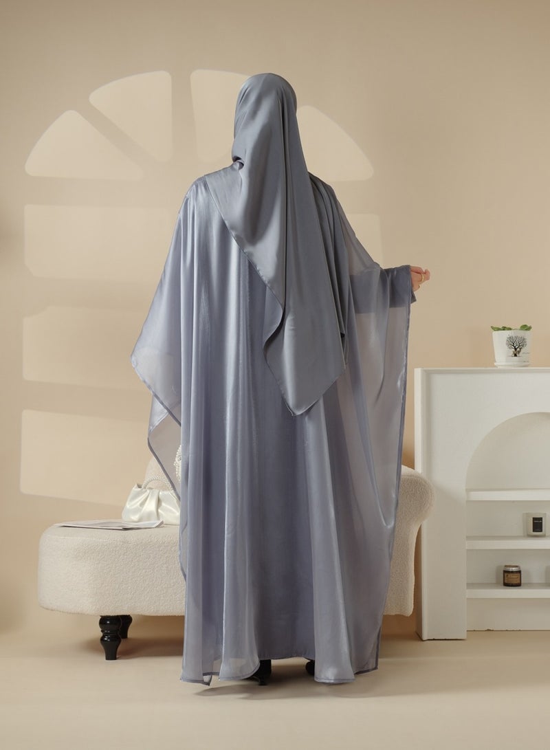عباية ساتان فاخرة باللون الأزرق مع شيلة متناسقة  - Image 3