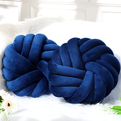 Fumete 2 Pcs 14 Inches Knot Pillow Round Throw Soft Plush Knot Ball Pillow Handmade Knotted Modern Home Decorative Cushion for Bed Bedroom Sofa Couch Royal Blue