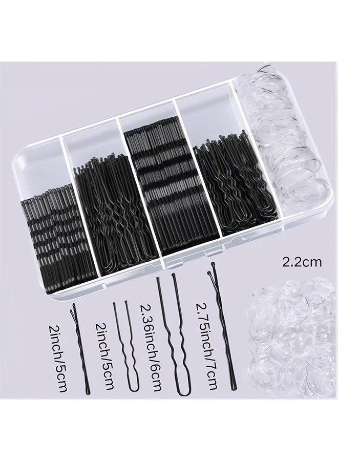 قِيرّا طقم 300 بنس للشعر – 100 مشبك أسود، 100 دبوس شكل U، 100 رباط شفاف – أطوال 2 إنش، 2.36 إنش، 2.75 إنش – مثالي للكعكات والتسريحات النسائية - Image 2