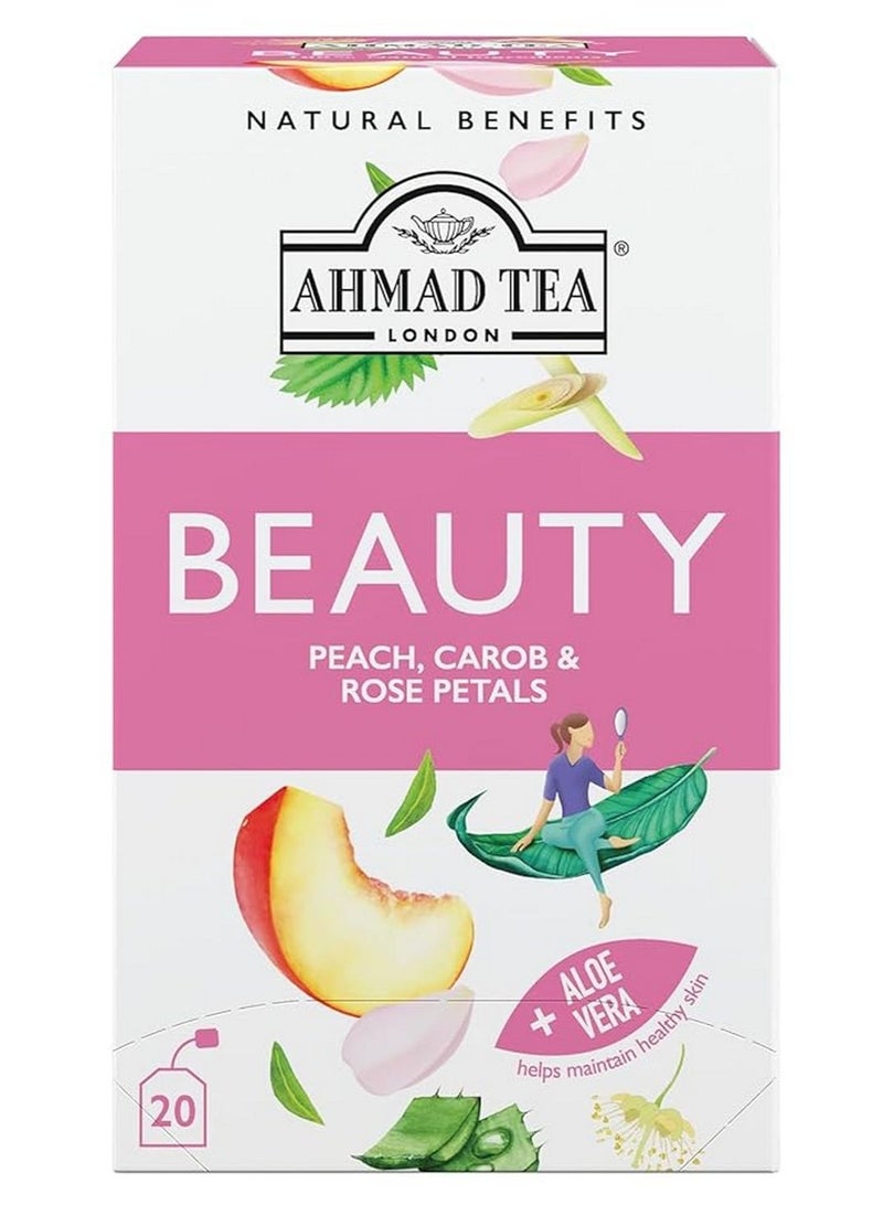 Ahmad Tea Beauty Peach Carob & Rose Petal Herbal Tea With Aloe Vera Natural Benefits 20 Teabags - Image 1