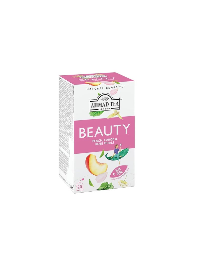 Ahmad Tea Beauty Peach Carob & Rose Petal Herbal Tea With Aloe Vera Natural Benefits 20 Teabags - Image 2