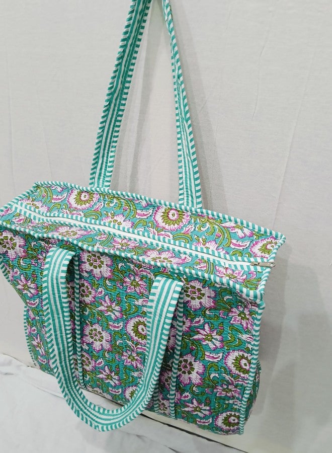 CRAFT KALA Women's Lightweight Quilted Cotton Printed Large Tote Bag Reusable Grocery Shopping Travel Carry Bag, Green & Pink - Image 5
