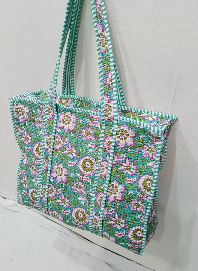 CRAFT KALA Women's Lightweight Quilted Cotton Printed Large Tote Bag Reusable Grocery Shopping Travel Carry Bag, Green & Pink - Image 4