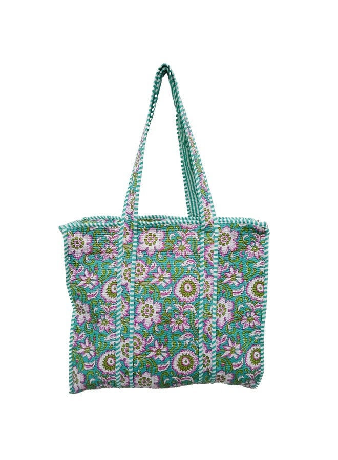 CRAFT KALA Women's Lightweight Quilted Cotton Printed Large Tote Bag Reusable Grocery Shopping Travel Carry Bag, Green & Pink - Image 2