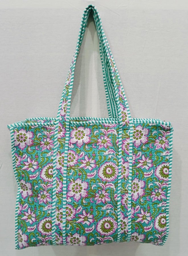 CRAFT KALA Women's Lightweight Quilted Cotton Printed Large Tote Bag Reusable Grocery Shopping Travel Carry Bag, Green & Pink - Image 3