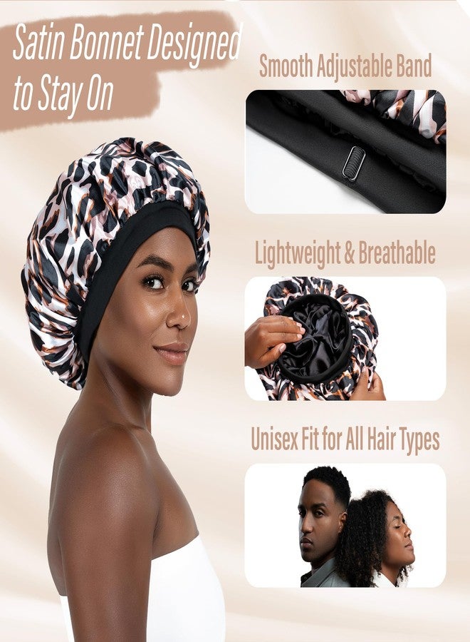 CAPLORD Adjustable Satin Bonnet for Sleeping - Double-Layer Silk Bonnet for Curly Hair, Braids & Locs. Large Satin Sleep Hair Cover for Women & Men Leopard - Image 3