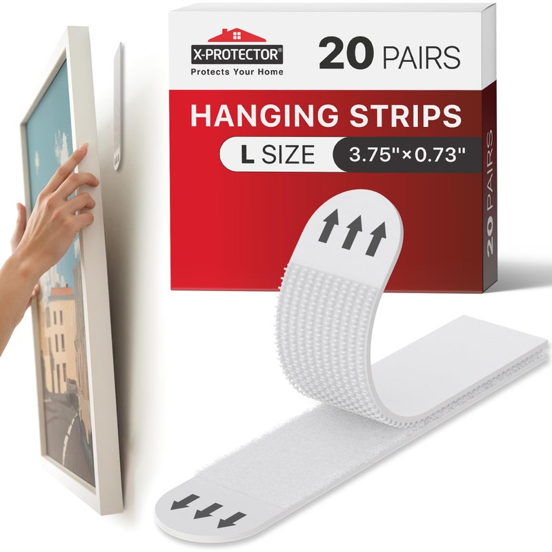 XProtector Picture Hanging Strips 20 Pairs Damage Free Picture Hangers Self Adhesive Hangers Without Nails Heavy Duty Wall Hanging Strips Wall Sticky for Hanging Up to 20 LBS Size L