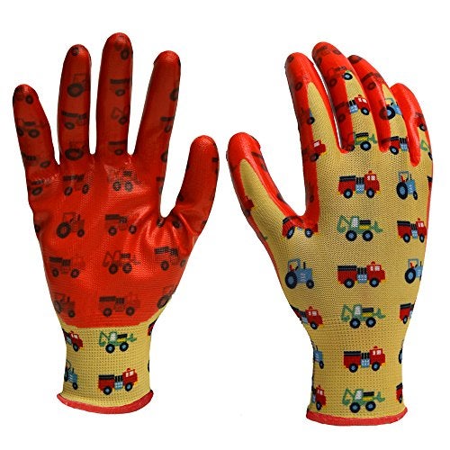 Digz Youth Stretch Garden and Yardwork Gloves with Nitrile Coating | Single Pair | Color: Trucks & Tractors Pattern | Size: One Size Fits Most Youth - Image 1
