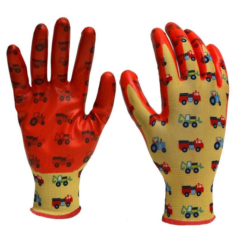 Digz Youth Stretch Garden and Yardwork Gloves with Nitrile Coating | Single Pair | Color: Trucks & Tractors Pattern | Size: One Size Fits Most Youth - Image 3
