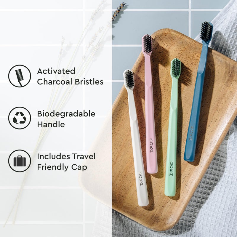 Boka Classic Manual Toothbrush with Extra Soft Activated-Charcoal, Tapered Bristles, Bioplastic Handle that Includes Travel Cap, Dentist-Approved, Great for Adults and Kids, Multi Color (Pack of 4) - Image 2