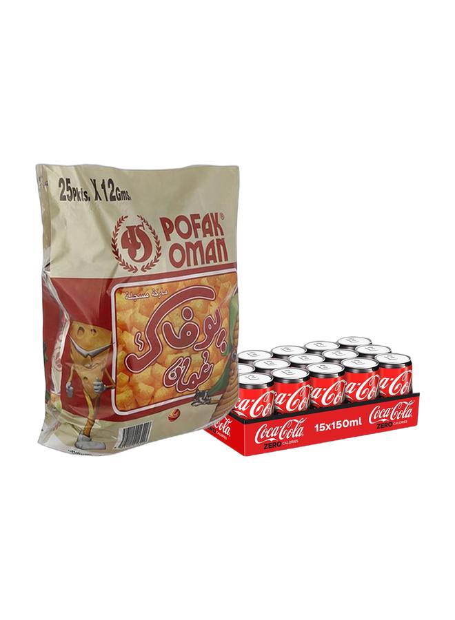 noon Pofak Oman Oman Corn Flavor Chips 12grams Pack of 25 + Coca Cola Zero Can 15 x 150ml - Image 1