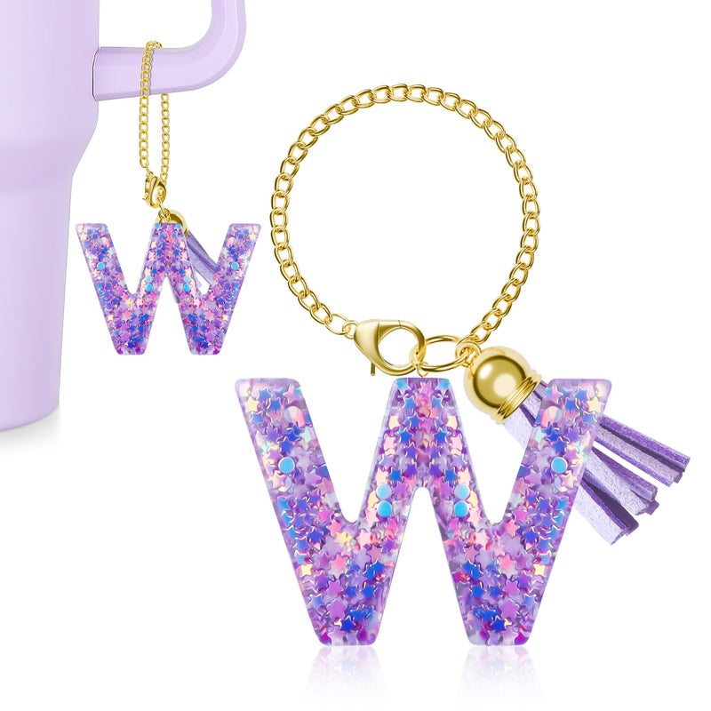 Moyohim Letter Charm For Stanley Cup, Cute Initial Keychain Charm For Handle, Purple Handle Accessories For Stanley Tumbler For Girls Women (Letter W) - Image 1