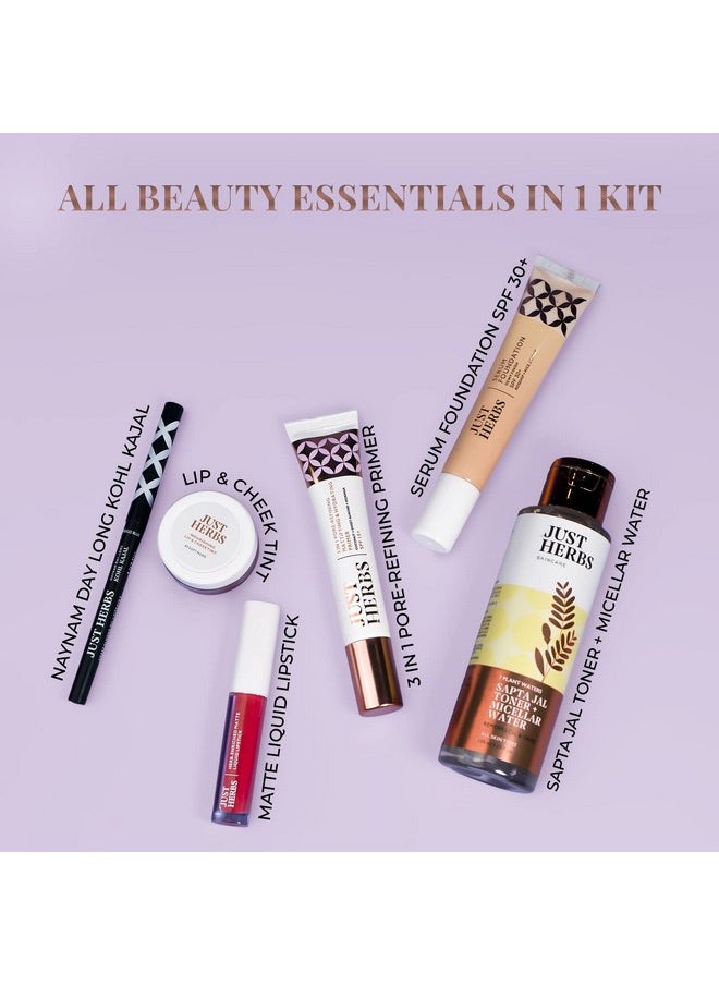 Just Herbs Makeup Kit For Women With Kohl Kajal, 3 In 1 Primer, Liquid Lipstick, Serum Foundation Spf 30+, Saptajal Makeup Removal Toner And Lip & Cheeck Tint (Gift Set)  - Image 3