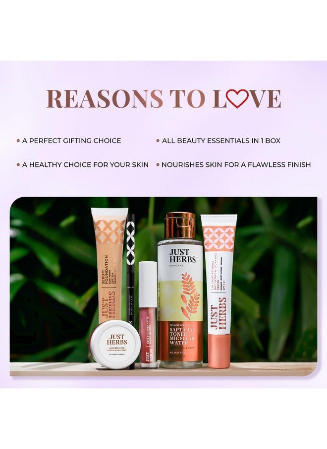 Just Herbs Makeup Kit For Women With Kohl Kajal, 3 In 1 Primer, Liquid Lipstick, Serum Foundation Spf 30+, Saptajal Makeup Removal Toner And Lip & Cheeck Tint (Gift Set)  - Image 4