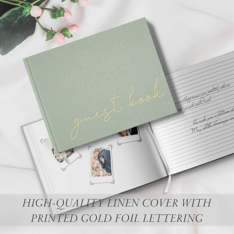 BVSSX Wedding Guest Book for Memorial Service, Half Blank and Lined Guestbook Alternative with Table Sign, 108 Polaroid Photo Corners Stickers, Baby Shower, 100 Pages - Sage 8x10â€ - Image 2
