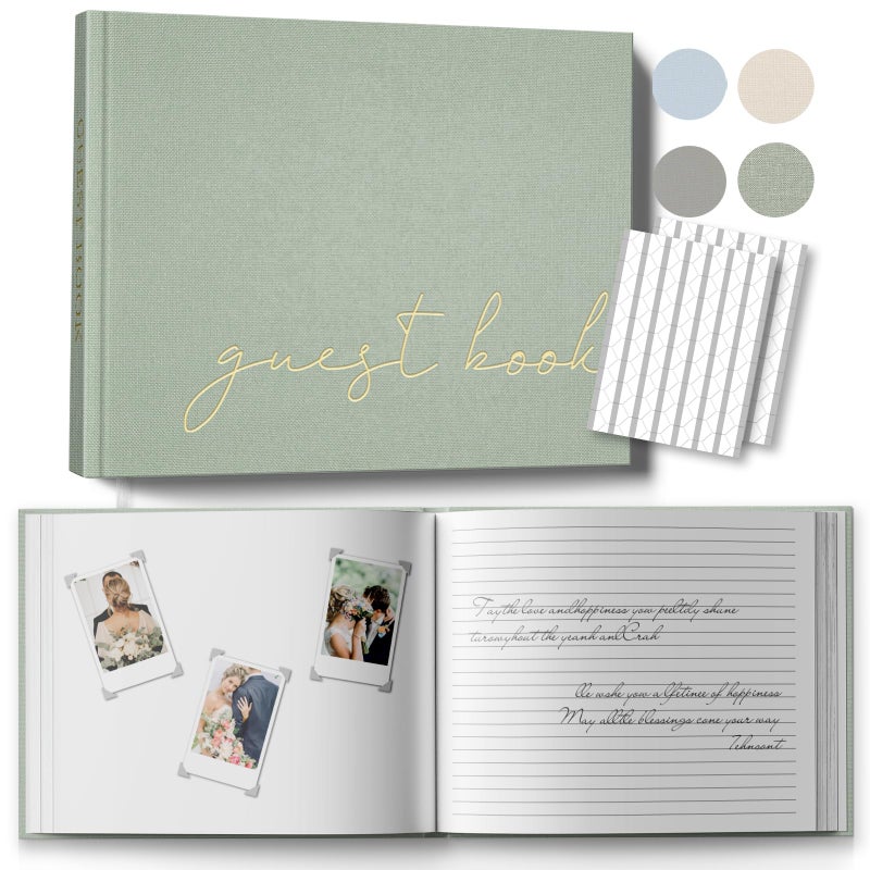 BVSSX Wedding Guest Book for Memorial Service, Half Blank and Lined Guestbook Alternative with Table Sign, 108 Polaroid Photo Corners Stickers, Baby Shower, 100 Pages - Sage 8x10â€ - Image 1