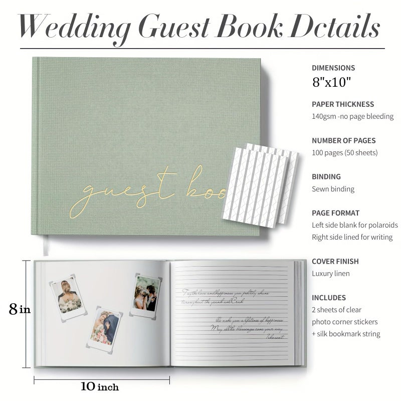 BVSSX Wedding Guest Book for Memorial Service, Half Blank and Lined Guestbook Alternative with Table Sign, 108 Polaroid Photo Corners Stickers, Baby Shower, 100 Pages - Sage 8x10â€ - Image 3