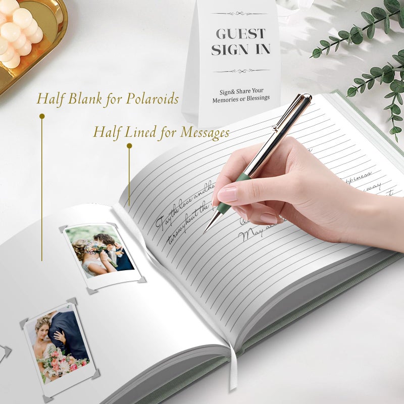 BVSSX Wedding Guest Book for Memorial Service, Half Blank and Lined Guestbook Alternative with Table Sign, 108 Polaroid Photo Corners Stickers, Baby Shower, 100 Pages - Sage 8x10â€ - Image 4