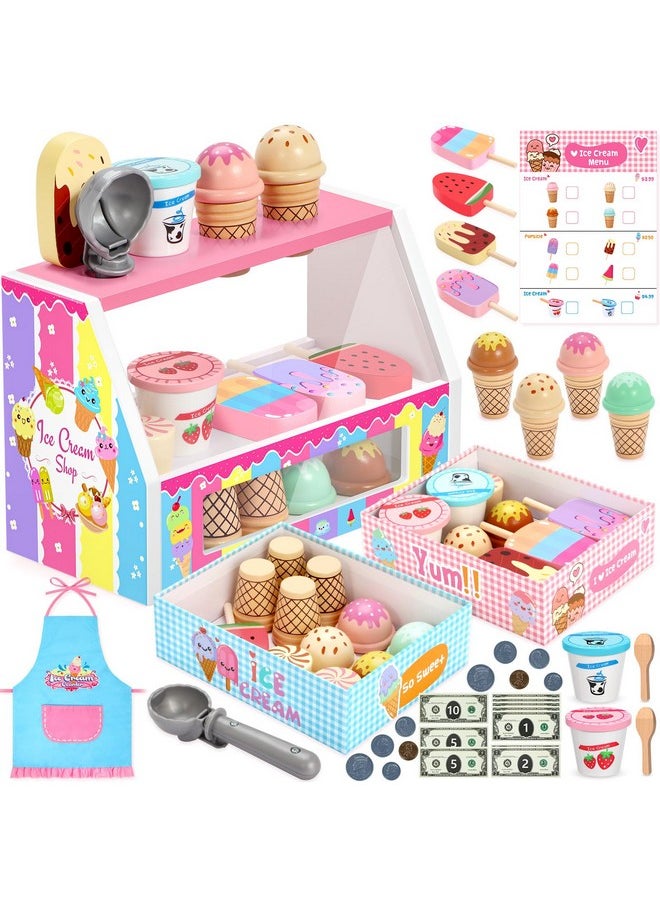 INNOCHEER - Ice Cream Toy, Wooden Ice Cream Play Set, Pretend Play Kitchen Toys, Ice Cream Toys For Toddlers, Ice Cream Cart Play Store, Gifts Toys For 3 4 5 6 7 8+ Year Old Girls Boys - Image 1