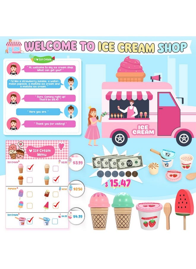 INNOCHEER - Ice Cream Toy, Wooden Ice Cream Play Set, Pretend Play Kitchen Toys, Ice Cream Toys For Toddlers, Ice Cream Cart Play Store, Gifts Toys For 3 4 5 6 7 8+ Year Old Girls Boys - Image 1