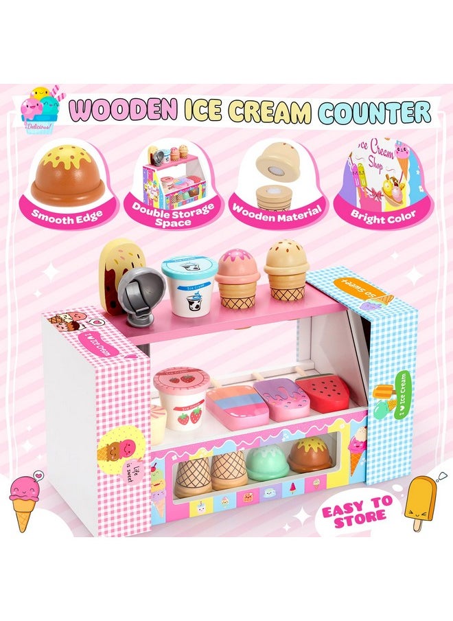 INNOCHEER - Ice Cream Toy, Wooden Ice Cream Play Set, Pretend Play Kitchen Toys, Ice Cream Toys For Toddlers, Ice Cream Cart Play Store, Gifts Toys For 3 4 5 6 7 8+ Year Old Girls Boys - Image 1