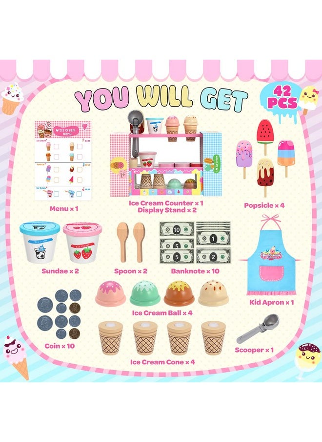 INNOCHEER - Ice Cream Toy, Wooden Ice Cream Play Set, Pretend Play Kitchen Toys, Ice Cream Toys For Toddlers, Ice Cream Cart Play Store, Gifts Toys For 3 4 5 6 7 8+ Year Old Girls Boys - Image 1