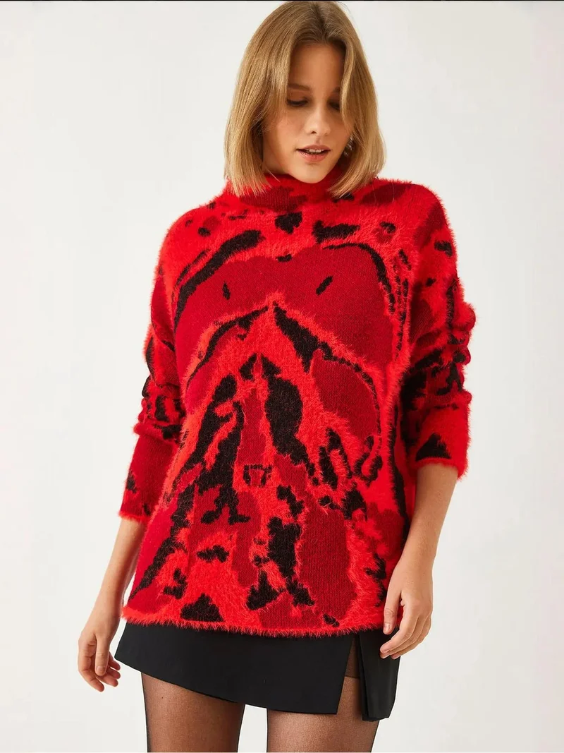 Bianco Lucci Red LUCCI Leopard Print Turtleneck Knit Sweater for Women | Best Price UAE