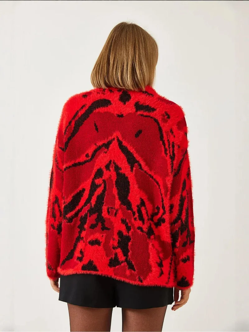 Bianco Lucci Red LUCCI Leopard Print Turtleneck Knit Sweater for Women | Best Price UAE