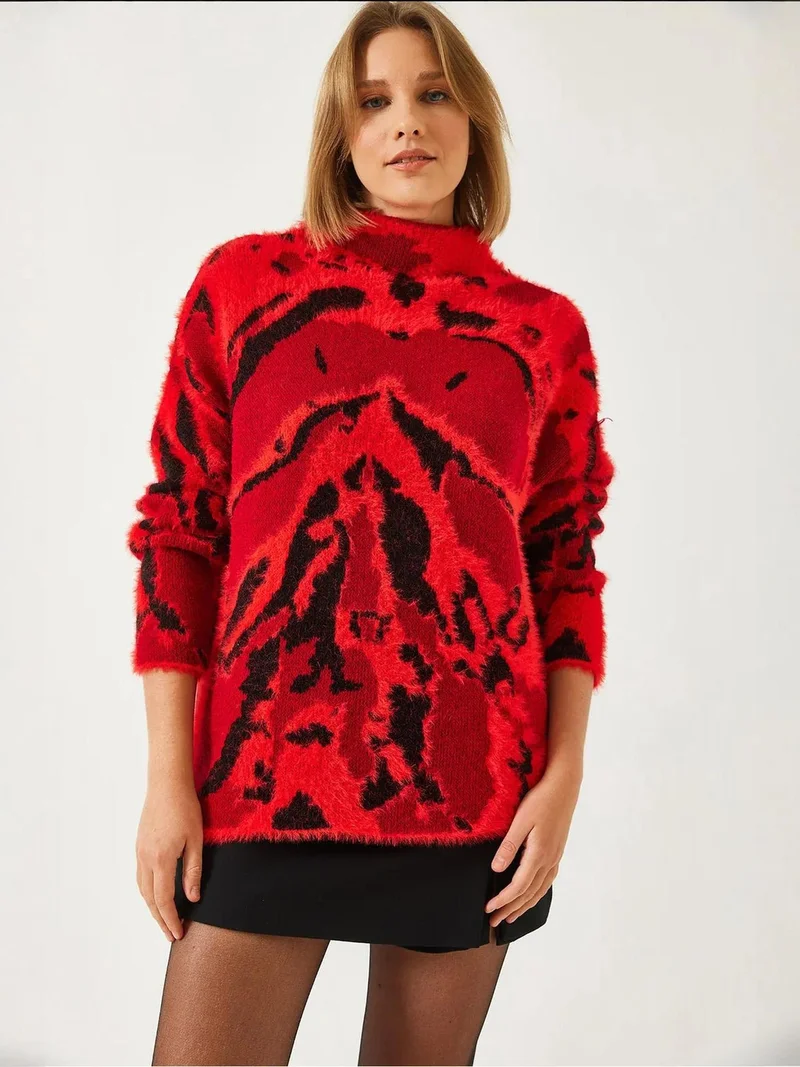 Bianco Lucci Red LUCCI Leopard Print Turtleneck Knit Sweater for Women | Best Price UAE