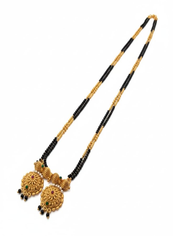 قلادة مانجالسوترا ماهاراشترا التقليدية من AAIKU | سلسلة طويلة مطلية بالذهب مع خرز أسود | قلادة أنيقة من Tanmaniya Nallapusalu للنساء والفتيات (36 بوصة) - Image 1