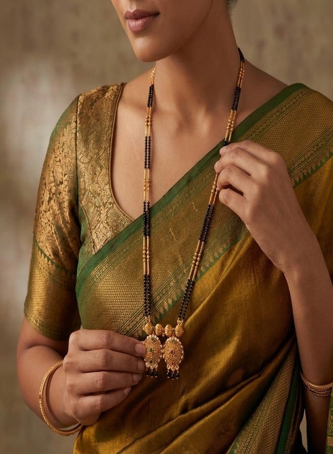 قلادة مانجالسوترا ماهاراشترا التقليدية من AAIKU | سلسلة طويلة مطلية بالذهب مع خرز أسود | قلادة أنيقة من Tanmaniya Nallapusalu للنساء والفتيات (36 بوصة) - Image 2