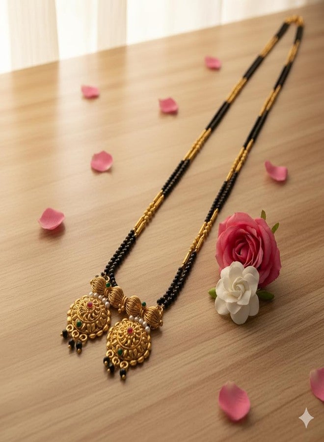 قلادة مانجالسوترا ماهاراشترا التقليدية من AAIKU | سلسلة طويلة مطلية بالذهب مع خرز أسود | قلادة أنيقة من Tanmaniya Nallapusalu للنساء والفتيات (36 بوصة) - Image 4