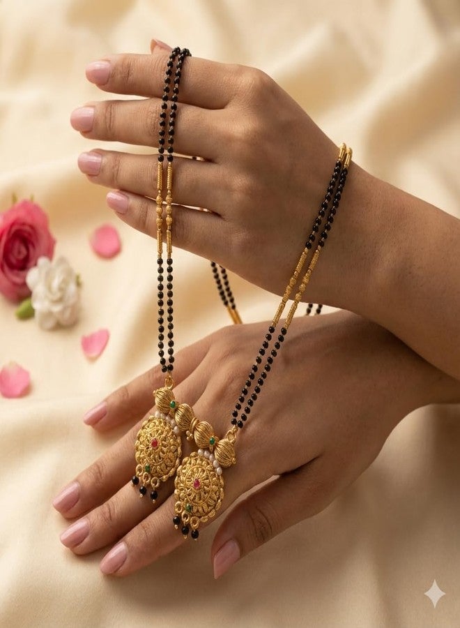 قلادة مانجالسوترا ماهاراشترا التقليدية من AAIKU | سلسلة طويلة مطلية بالذهب مع خرز أسود | قلادة أنيقة من Tanmaniya Nallapusalu للنساء والفتيات (36 بوصة) - Image 5