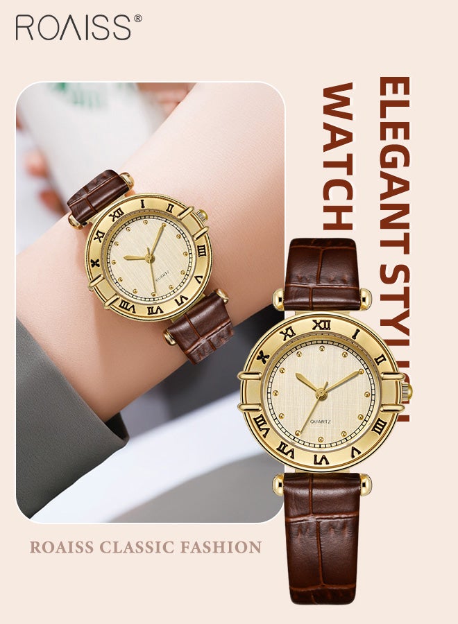رويس ساعة كوارتز كلاسيكية للنساء مع حزام جلدي بنمط الخيزران بقرص دائري، ساعة يد أنيقة مقاومة للماء كهدية للسيدات - Image 1