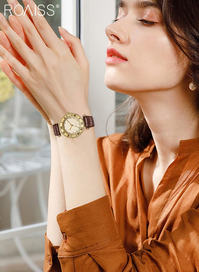 رويس ساعة كوارتز كلاسيكية للنساء مع حزام جلدي بنمط الخيزران بقرص دائري، ساعة يد أنيقة مقاومة للماء كهدية للسيدات - Image 2