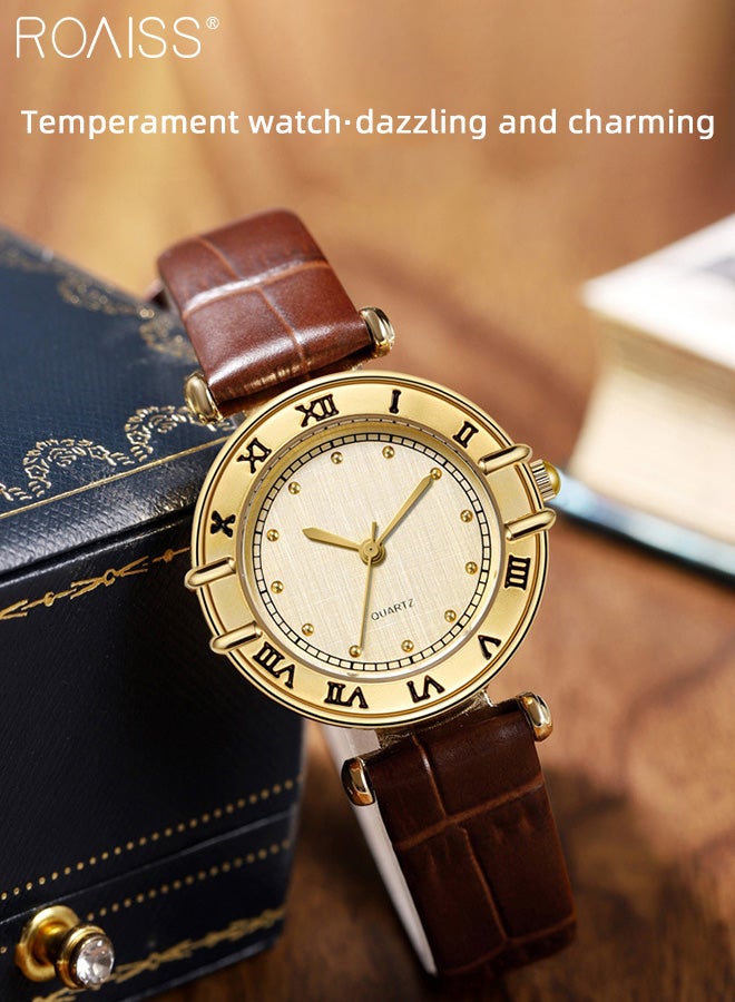 رويس ساعة كوارتز كلاسيكية للنساء مع حزام جلدي بنمط الخيزران بقرص دائري، ساعة يد أنيقة مقاومة للماء كهدية للسيدات - Image 3