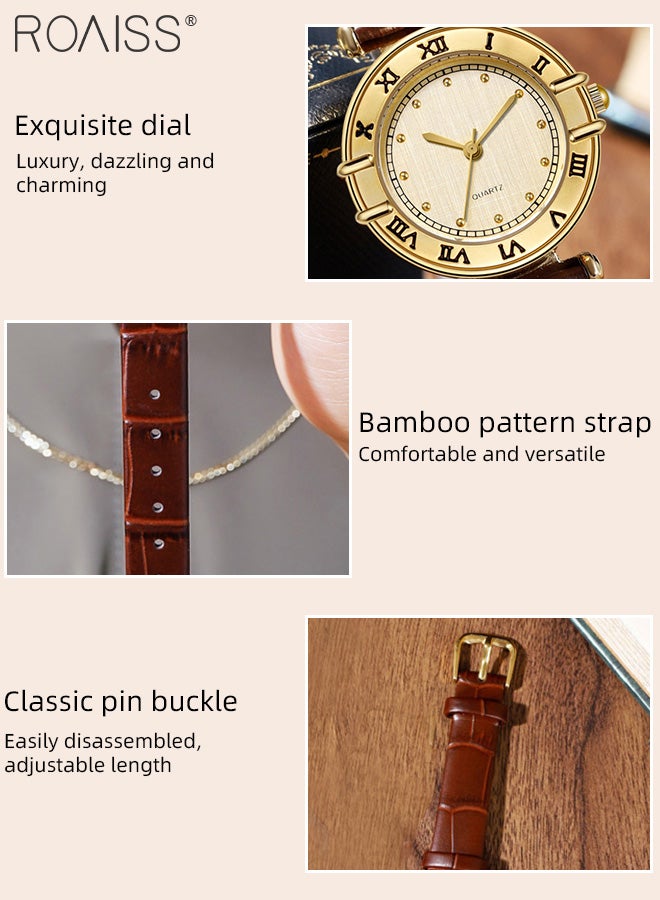 رويس ساعة كوارتز كلاسيكية للنساء مع حزام جلدي بنمط الخيزران بقرص دائري، ساعة يد أنيقة مقاومة للماء كهدية للسيدات - Image 5