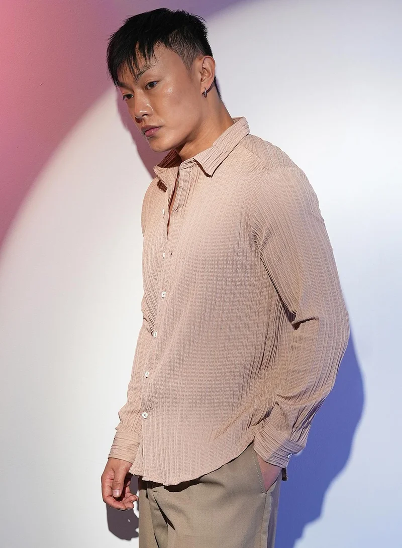 CAHOOT Light Beige Men's Light Beige Self-Design Striped Shirt for Men | Best Price UAE