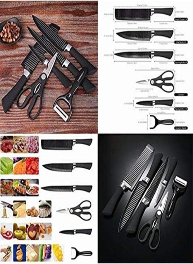 Zepter Kitchen Knife Set 6 Pcs includes a chopper, chef knife, bread knife, paring knife, scissors, and ceramic peeler, with sharp blades for cutting meat, vegetables, fruit, etc.