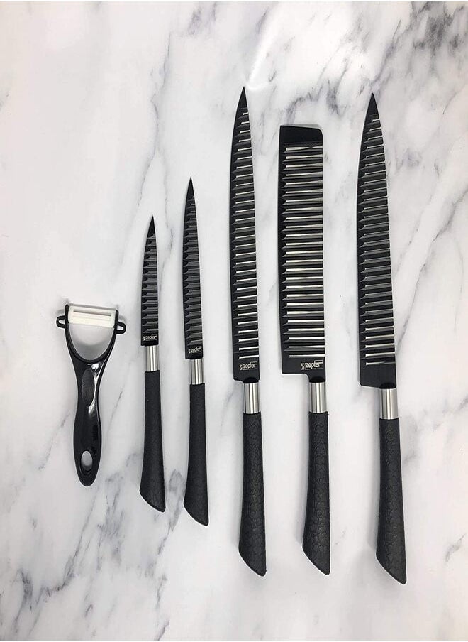 Zepter Kitchen Knife Set 6 Pcs includes a chopper, chef knife, bread knife, paring knife, scissors, and ceramic peeler, with sharp blades for cutting meat, vegetables, fruit, etc.