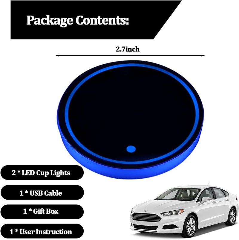 2 قطعة من أضواء حامل الأكواب LED للسيارة، شحن USB، 7 ألوان، حصيرة حامل الأكواب للسيارة، وسادة مشروبات داخلية للسيارة، مصباح ديكور جوي، مناسب لجميع السيارات (بدون علامة) - Image 2