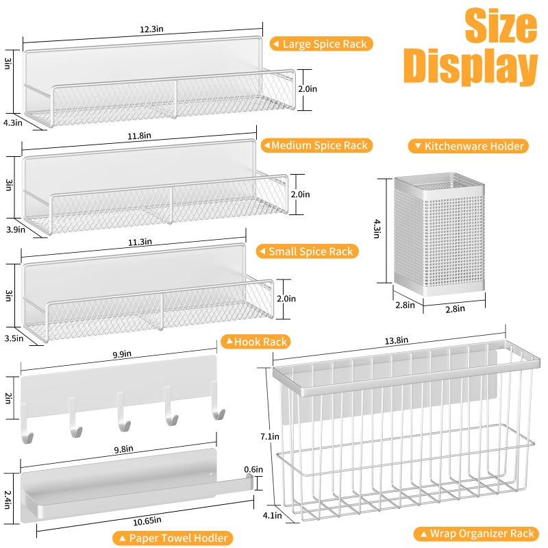 DTUQYX Magnetic Spice Rack for Refrigerator, 7 Pack 100% Metal Strong Magnet Shelf, Spice Organizer W/ Paper Towel Holder, Hook Rack, Utensil Caddy & Cutting Board Holder, Home Kitchen Organization (White) - Image 2