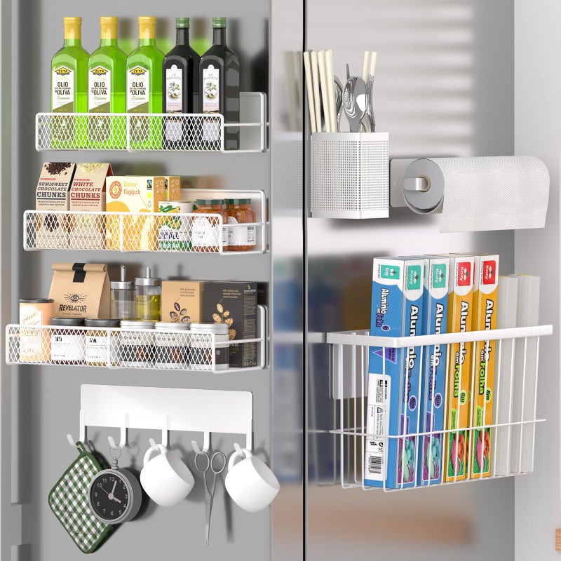 DTUQYX Magnetic Spice Rack for Refrigerator, 7 Pack 100% Metal Strong Magnet Shelf, Spice Organizer W/ Paper Towel Holder, Hook Rack, Utensil Caddy & Cutting Board Holder, Home Kitchen Organization (White) - Image 1