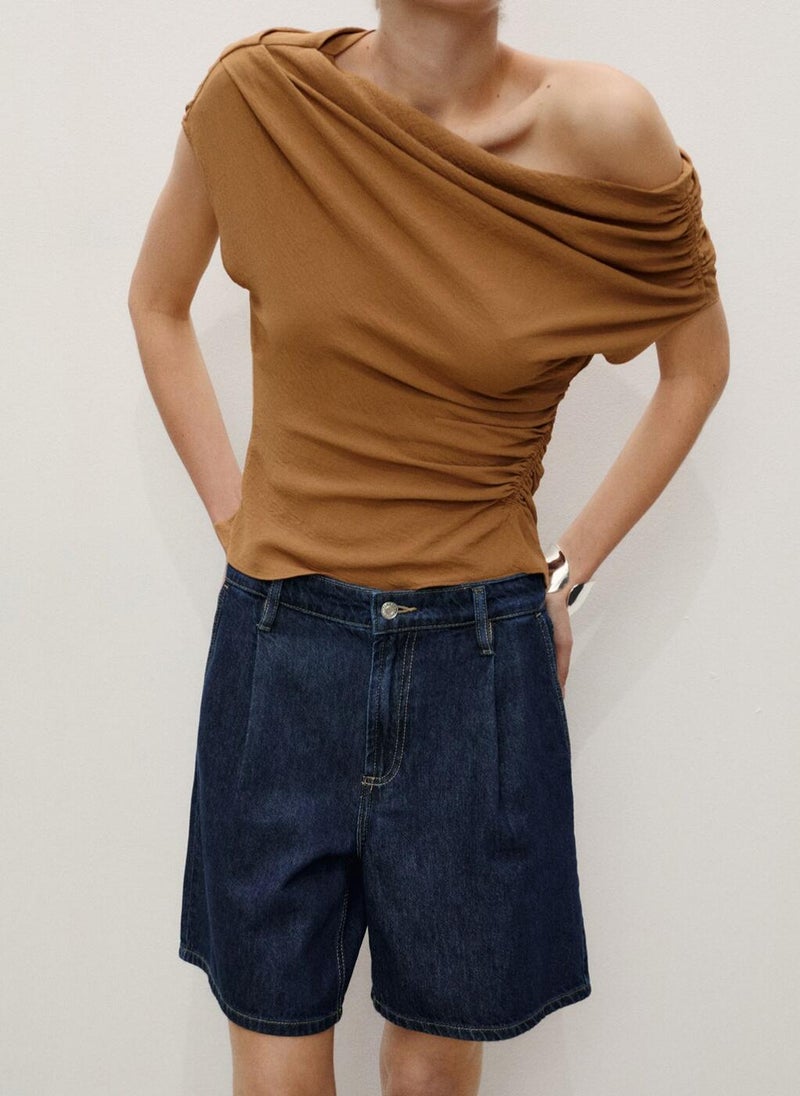 MANGO Rinse Wash Pleated Denim Bermuda Shorts  - Image 1