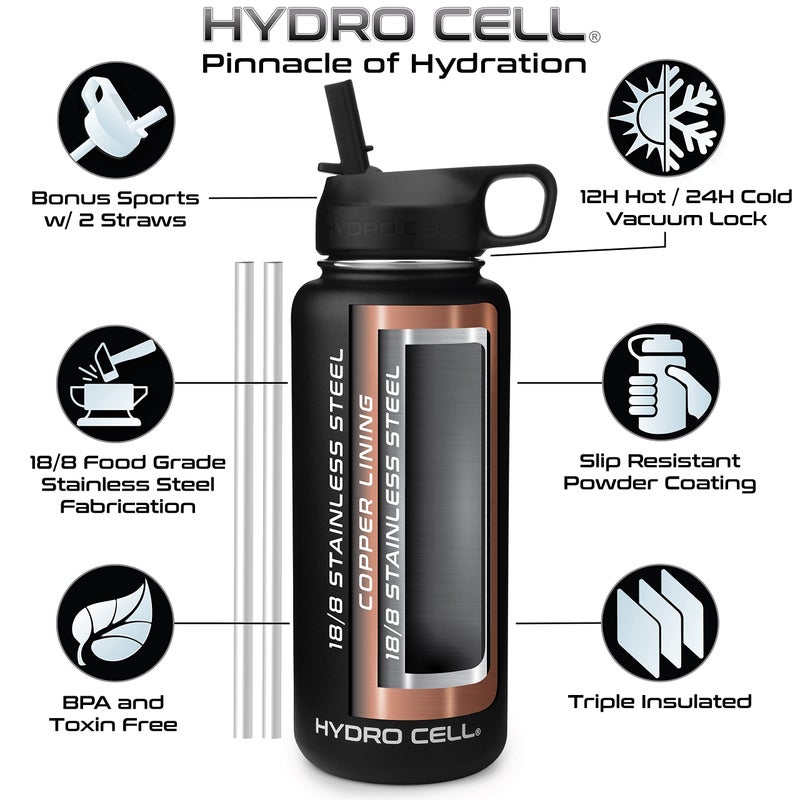 HYDRO CELL Stainless Steel Insulated Water Bottle with Straw - For Cold & Hot Drinks - Metal Vacuum Flask with Screw Cap and Modern Leakproof Sport Thermos for Adults (Black 32oz) - Image 3