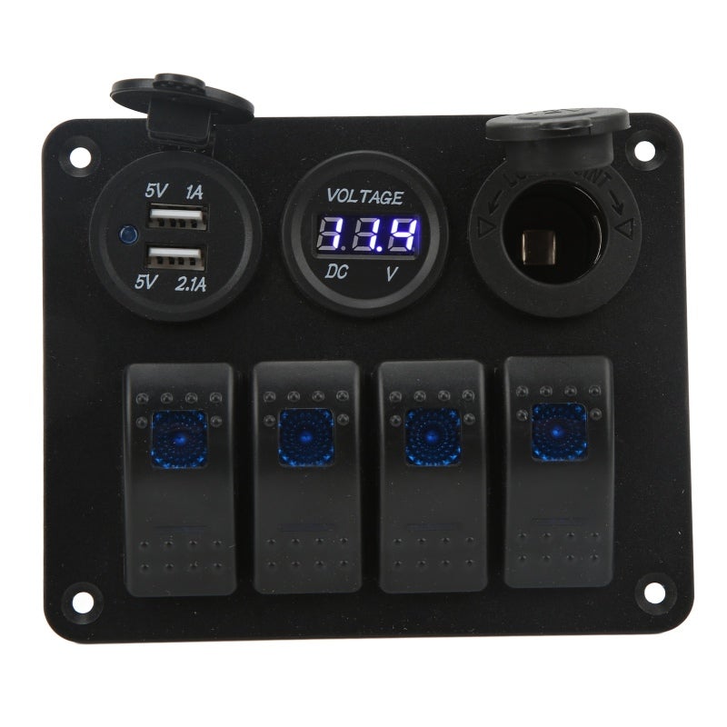 Marine 4 Gang Rocker Switch Panel with USB Cigarette Lighter Socket and Voltage Monitor - IP65 Waterproof Marine Grade ABS for 12V-24V Trucks Jeeps Boats Yachts - Image 4