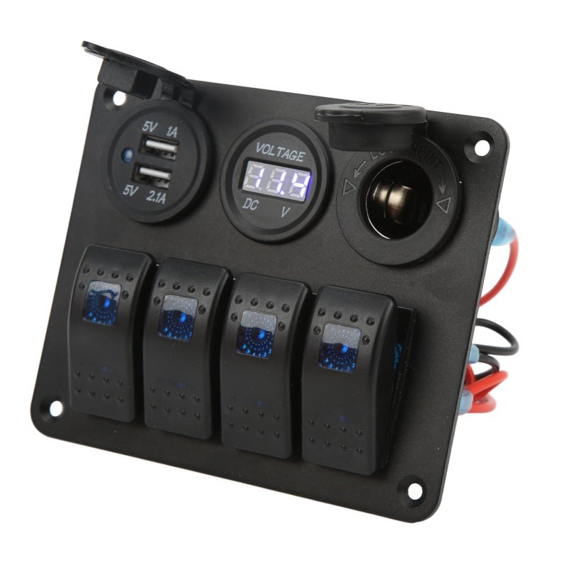 Marine 4 Gang Rocker Switch Panel with USB Cigarette Lighter Socket and Voltage Monitor - IP65 Waterproof Marine Grade ABS for 12V-24V Trucks Jeeps Boats Yachts - Image 5